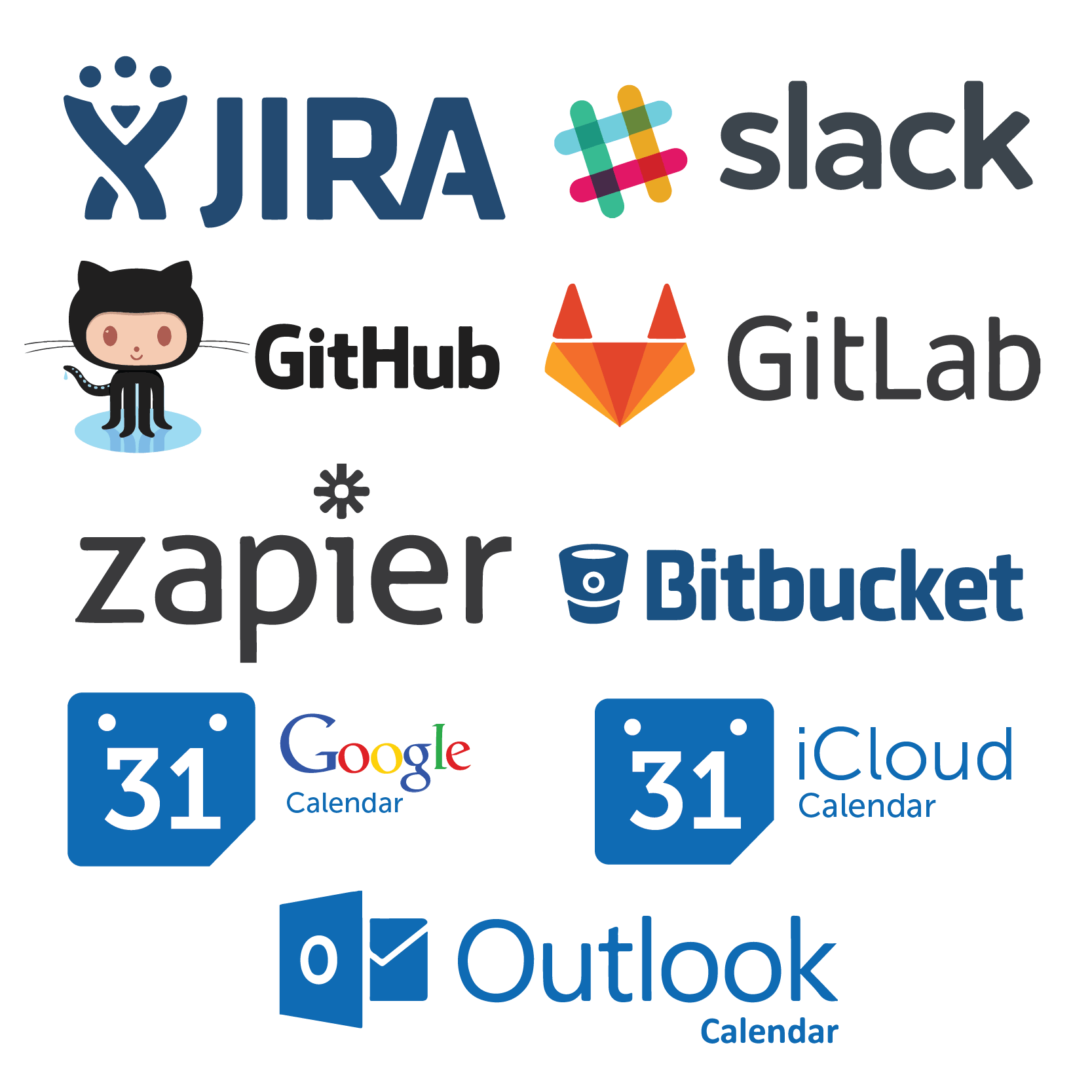 Logos for Google Calendar, iCloud, Outlook, GitHub, GitLab, Bitbucket, Slack, Zapier, and Jira