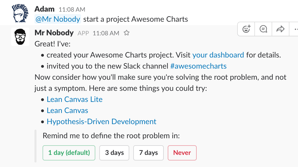 Slack bot creating a project